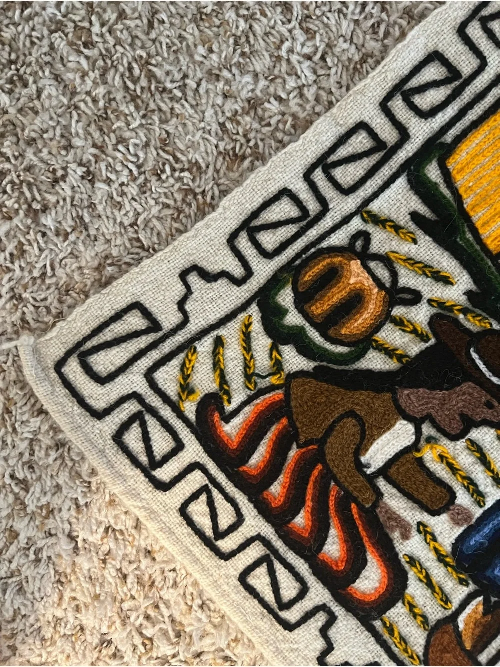 vintage Peruvian hand-embroidered wool tapestry 3’ 4” x 29”